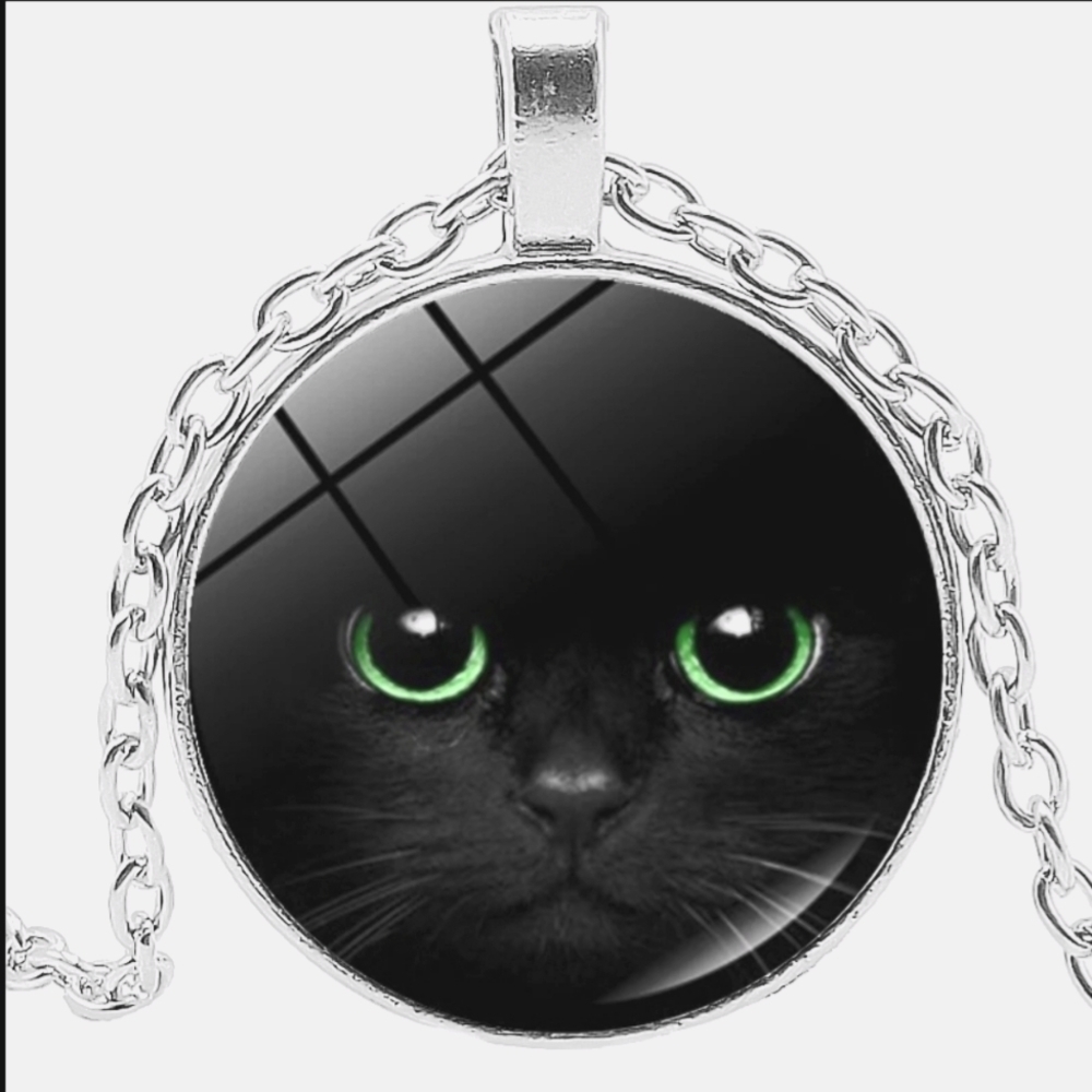 Black Cat Kitty Face Green Eyes Necklace New